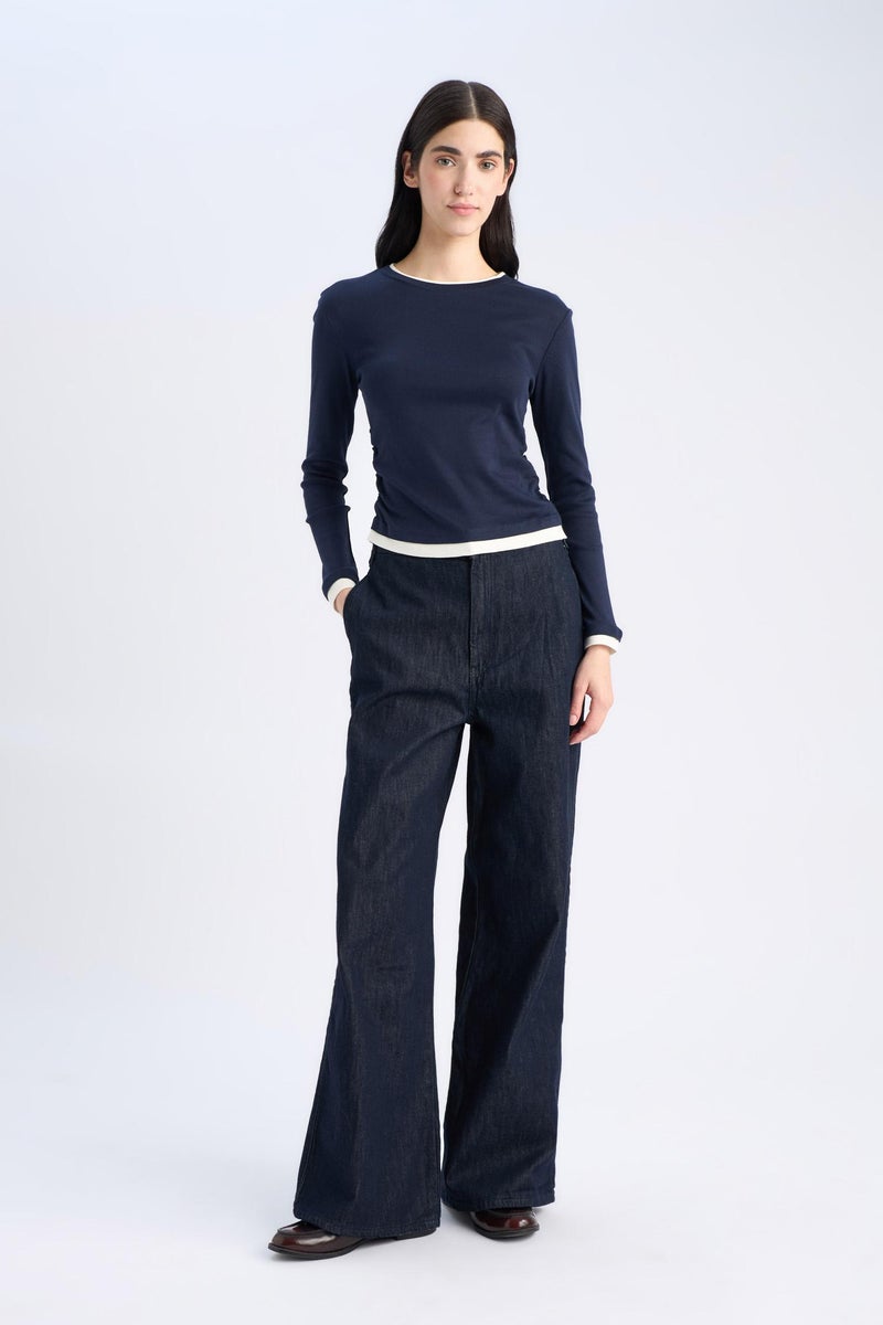 DeFacto Blue Woman Slim Fi Crew Neck Ribbed Long Sleeve T-Shirt Casual - Image 3